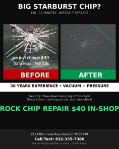 Big starburst windshield chip before and after $40 in-shop repair Houston TX