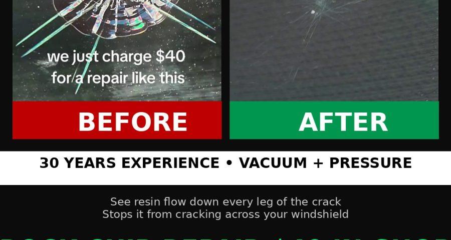 Big starburst windshield chip before and after $40 in-shop repair Houston TX