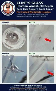 Bullseye windshield chip and star crack before and after repair at Clint's Glass Houston TX