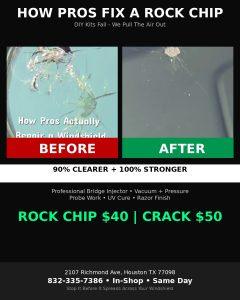 Professional rock chip windshield repair before and after Houston $40 - 90% clearer 100% stronger
