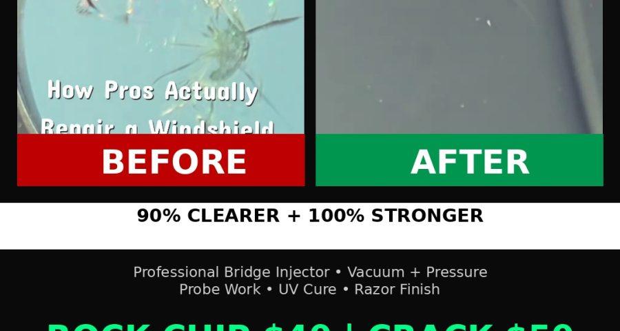 Professional rock chip windshield repair before and after Houston $40 - 90% clearer 100% stronger