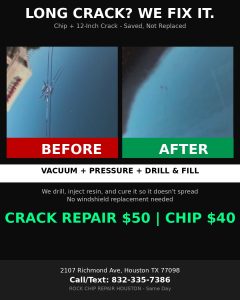 Long crack windshield repair before and after Houston $50 crack repair chip $40