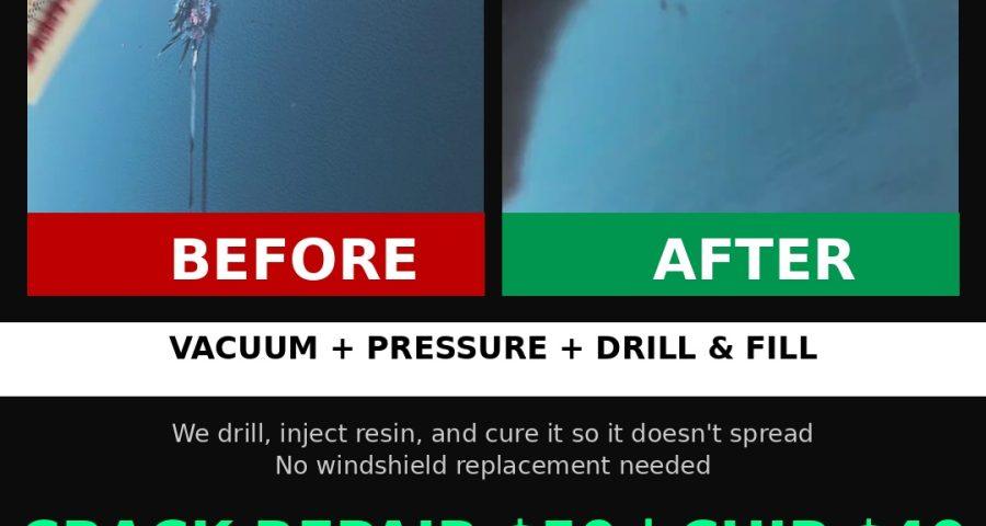 Long crack windshield repair before and after Houston $50 crack repair chip $40