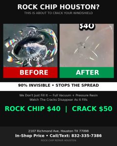 Rock chip before and after 90 percent invisible stops spread Houston $40 repair