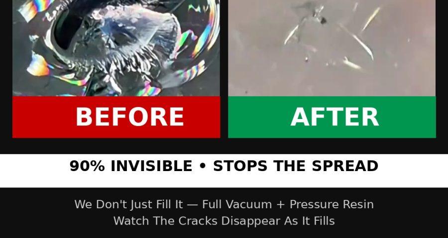 Rock chip before and after 90 percent invisible stops spread Houston $40 repair