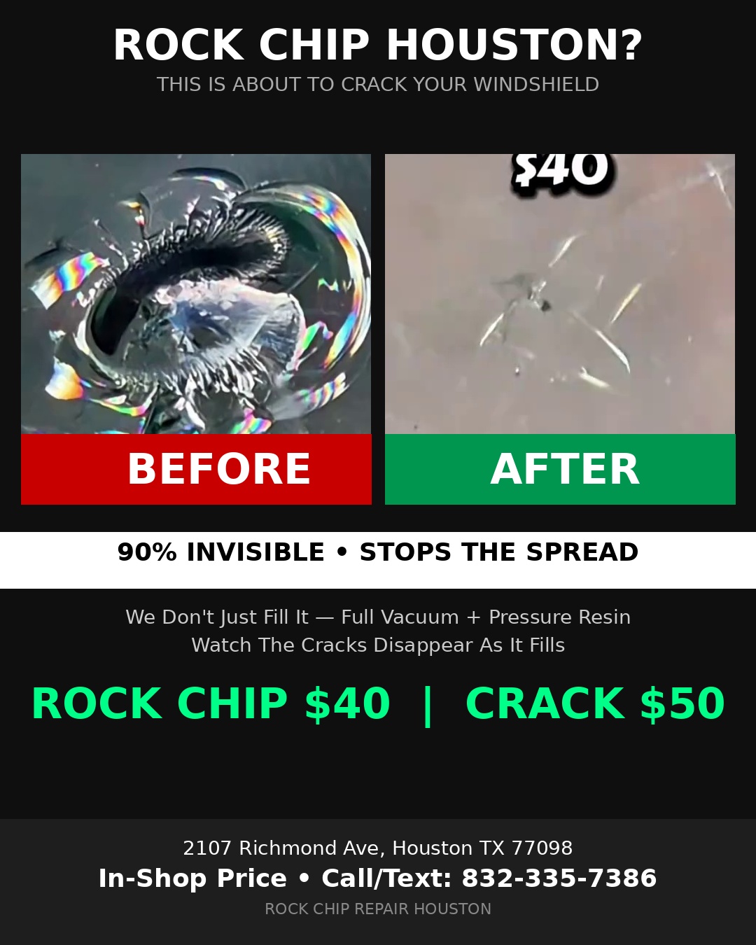 Rock Chip Before After 90% Invisible Stops Spread - Houston $40