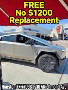 Tesla Cybertruck free windshield crack warranty redo Houston TX 77098 thick glass wide crack reopened from top black edge through old resin ran 7 inches past old drill hole redrilled tapped cone vacuum pressure inside push with long stick 95 percent gone